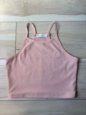 Laslulu Ribbed Crop Tank Top Pink Strappy Athletic Bralette Yoga Top M